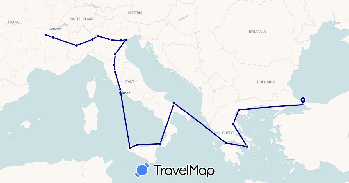 TravelMap itinerary: driving in France, Greece, Italy, Turkey (Asia, Europe)